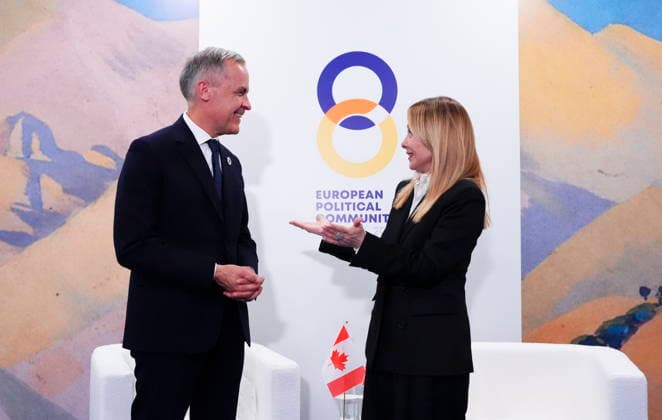 May 4, 2026, Yerevan, Armenia: Prime Minister Mark Carney meets with Italian Prime Minister Giorgia Meloni during the 8th European Political Community Summit in Yerevan, Armenia on Monday, May 4, 2026. Yerevan Armenia  - ZUMAc35_ 20260504_zaf_c35_074 Copyright: xSeanxKilpatrickx