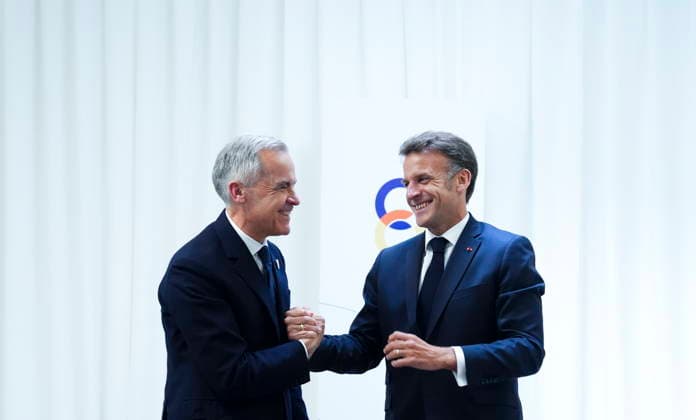 May 4, 2026, Yerevan, Armenia: Prime Minister Mark Carney, left, meets with French President Emmanuel Macron during the 8th European Political Community Summit in Yerevan, Armenia on Monday, May 4, 2026. Yerevan Armenia  - ZUMAc35_ 20260504_zaf_c35_078 Copyright: xSeanxKilpatrickx
