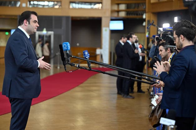 Eurozone Finance Ministers Meeting BRUSSELS, BELGIUM - MAY 4: Minister of Economy and Finance of Greece, Kyriakos Pierrakakis talks to the press as he attends the Eurozone Finance Ministers Meeting in Brussels, Belgium, on May 4, 2026. Dursun Aydemir Anadolu Brussels Belgium. Editorial use only. Please get in touch for any other usage.  Copyright: x2026xAnadoluxDursunxAydemirx