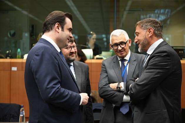 Eurozone Finance Ministers Meeting BRUSSELS, BELGIUM - MAY 4: Minister of Economy and Finance of Greece, Kyriakos Pierrakakis (L), and Minister of Finance of Slovenia, Klemen Bostjancic (R) attend the Eurozone Finance Ministers Meeting in Brussels, Belgium, on May 4, 2026. Dursun Aydemir Anadolu Brussels Belgium. Editorial use only. Please get in touch for any other usage.  Copyright: x2026xAnadoluxDursunxAydemirx
