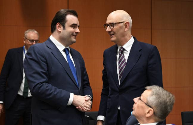 Eurozone Finance Ministers Meeting BRUSSELS, BELGIUM - MAY 4: Minister of Economy and Finance of Greece, Kyriakos Pierrakakis (L) and Minister of Economy and Finance of France, Roland Lescure (R) attend the Eurozone Finance Ministers Meeting in Brussels, Belgium, on May 4, 2026. Dursun Aydemir Anadolu Brussels Belgium. Editorial use only. Please get in touch for any other usage.  Copyright: x2026xAnadoluxDursunxAydemirx