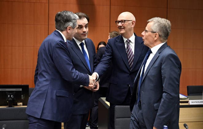 Eurozone Finance Ministers Meeting BRUSSELS, BELGIUM - MAY 4: Minister of Economy and Finance of Greece, Kyriakos Pierrakakis (2nd L), Minister of Economy and Finance of France, Roland Lescure (2nd R) and Minister of Finance of Ireland, Simon Harris (R) attend the Eurozone Finance Ministers Meeting in Brussels, Belgium, on May 4, 2026. Dursun Aydemir Anadolu Brussels Belgium. Editorial use only. Please get in touch for any other usage.  Copyright: x2026xAnadoluxDursunxAydemirx