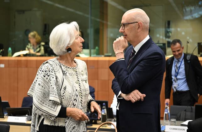 Eurozone Finance Ministers Meeting BRUSSELS, BELGIUM - MAY 4: President of the European Central Bank, Christine Lagarde (L) and Minister of Economy and Finance of France, Roland Lescure (R) attend the Eurozone Finance Ministers Meeting in Brussels, Belgium, on May 4, 2026. Dursun Aydemir Anadolu Brussels Belgium. Editorial use only. Please get in touch for any other usage.  Copyright: x2026xAnadoluxDursunxAydemirx