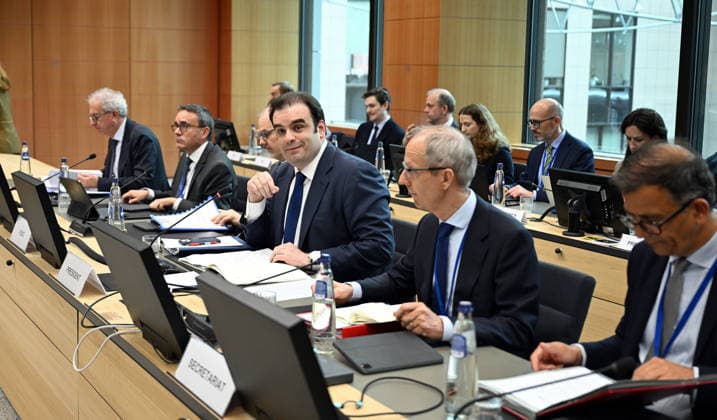 Eurozone Finance Ministers Meeting BRUSSELS, BELGIUM - MAY 4: Minister of Economy and Finance of Greece, Kyriakos Pierrakakis (C) attends the Eurozone Finance Ministers Meeting in Brussels, Belgium, on May 4, 2026. Dursun Aydemir Anadolu Brussels Belgium. Editorial use only. Please get in touch for any other usage.  Copyright: x2026xAnadoluxDursunxAydemirx