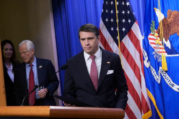 May 4, 2026, Washington, Distric Of Columbia, USA: Acting U.S. Attorney General Todd Blanche and White House office of Trade And Manufacturing Policy Director Peter Navarro speak about antitrust investigations and meat packers during a press conference, today on May 04, 2026 at Briefing Room DOJ in Washington DC, USA. Washington USA - ZUMAn298 20260504_znp_n298_005 Copyright: xLeninxNollyx