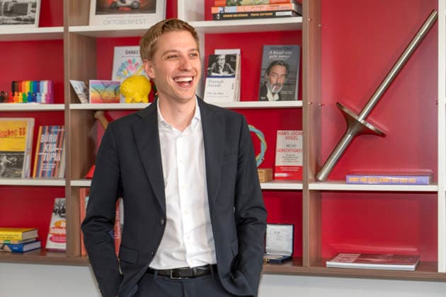 Dominik Krause, DIE GRÜNEN, new mayor of Munich, first day in office in the new mayors office in the town hall, with original 1972 Olympic torch on the shelf, Munich, May 4, 2026 Germany, Munich, Dominik Krause, DIE GRÜNEN, new mayor of Munich, first day in office in the new mayors office in the town hall, with original 1972 Olympic
