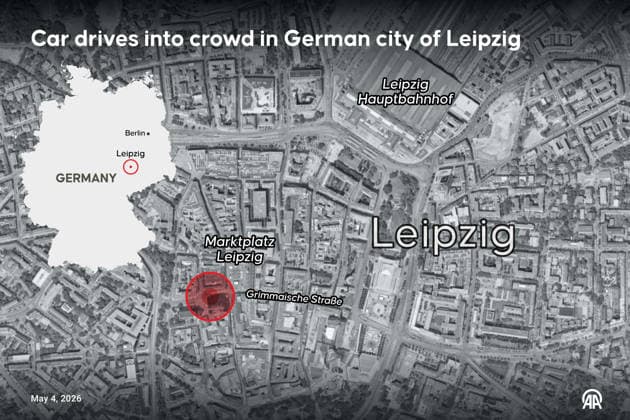 Car drives into crowd in German city of Leipzig ANKARA, TURKIYE - MAY 4: An infographic titled Car drives into crowd in German city of Leipzig created in Ankara, Turkiye on May 4, 2026. Murat Usubali Anadolu Ankara Turkey. Editorial use only. Please get in touch for any other usage.  Copyright: x2026xAnadoluxMuratxUsubalix