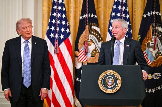 President Donald Trump looks on as Secretary of Energy Chris Wright speaks during a summit with small business owners to mark National Small Business Week in the East Room of the White House in Washington, DC on Monday, May 4, 2026. WAP20260504332 ANNABELLExGORDON