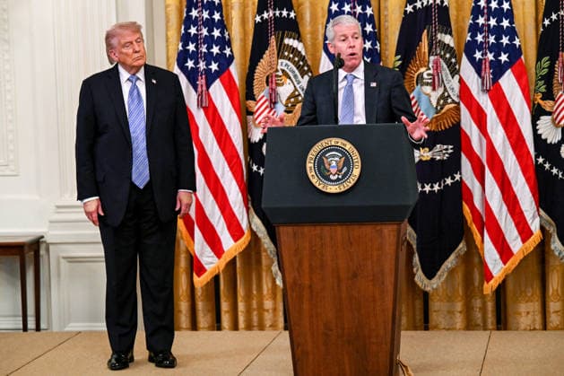 President Donald Trump looks on as Secretary of Energy Chris Wright speaks during a summit with small business owners to mark National Small Business Week in the East Room of the White House in Washington, DC on Monday, May 4, 2026. WAP20260504333 ANNABELLExGORDON