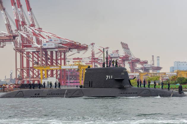 May 5, 2026, Kaohsiung City, Kaohsiung City, Taiwan: Taiwans first indigenous defense submarine the SS-711 Narwhal set sail from Kaohsiung Harbor on Tuesday morning to begin its 7th critical submerged testing phase In a significant display of integrated naval technology the submarine was accompanied by the T-38 Endeavor Manta a domestically developed Unmanned Surface Vessel USV Kaohsiung City Taiwan - ZUMAh198 20260505_zip_h198_004 Copyright: xCheng-ChiaxHuangx