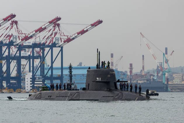 May 5, 2026, Kaohsiung City, Kaohsiung City, Taiwan: Taiwans first indigenous defense submarine the SS-711 Narwhal set sail from Kaohsiung Harbor on Tuesday morning to begin its 7th critical submerged testing phase In a significant display of integrated naval technology the submarine was accompanied by the T-38 Endeavor Manta a domestically developed Unmanned Surface Vessel USV Kaohsiung City Taiwan - ZUMAh198 20260505_zip_h198_003 Copyright: xCheng-ChiaxHuangx