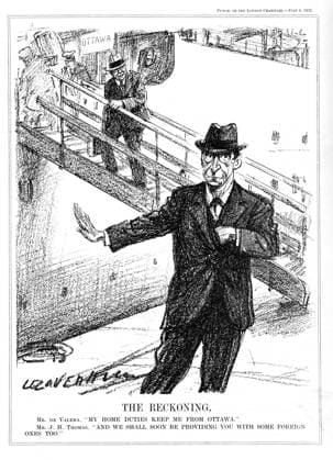RECORD DATE NOT STATED Eamon de Valera declining the Ottawa Conference on tariffs, Punch cartoon by L Ravenhill, 6 July 1932. Eamon De Valera (1882-1975) American-born Irish statesman, declining the opportunity to attend the Ottawa Conference on tarriffs because oh his duties at home in the Irish Free State, where he had just come into power,. Cartoon by L Ravenhill from Punch (London, 6 July 1932.) Editorial use only. All other uses to be cleared with the copyright owner (World History Archive), in advance., WHA_007_0215.jpg, Eamon De Valera; Irish statesman; Ottawa Conference; tariffs; duties at home; Irish Free State; power; L Ravenhill; Punch; London; 1932; political cartoon; declining opportunity; American-born; leader; politician; h Copyright: xx
