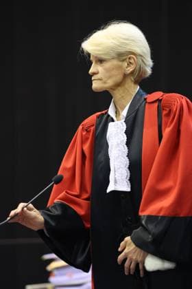Court chairwoman Martine Baes pictured during the second day of the trial of P. and A. Falzone, at the Court of Appeal of Mons, on Tuesday 05 May 2026. The trial of the two men concerns the 2022 tragedy in Strepy-Bracquegnies, where a car plowed into a carnival parade around 5:00. Six people died at the scene, and a seventh months later in the hospital. P. Falzone is charged with seven murder and 81 attempted murder. A. Falzone with failure to render aid to a person in danger.  VIRGINIExLEFOUR 172936122