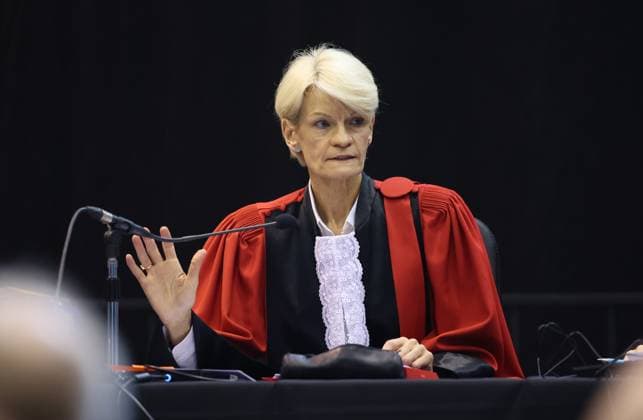 Court chairwoman Martine Baes pictured during the second day of the trial of P. and A. Falzone, at the Court of Appeal of Mons, on Tuesday 05 May 2026. The trial of the two men concerns the 2022 tragedy in Strepy-Bracquegnies, where a car plowed into a carnival parade around 5:00. Six people died at the scene, and a seventh months later in the hospital. P. Falzone is charged with seven murder and 81 attempted murder. A. Falzone with failure to render aid to a person in danger.  VIRGINIExLEFOUR 172936124