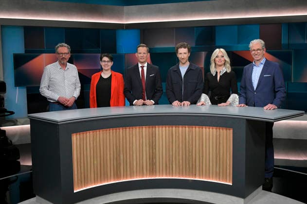 Eckart von Hirschhausen, Clara Schlagowski, Hendrik Streeck, Louis Klamroth, Patrice Aminati and Andreas Gassen on the ARD talk show hart aber fair in Studio Adlershof Berlin, 05 04 2026 Foto:xM.xBehrensx xFuturexImagex hart_fair0405_6505