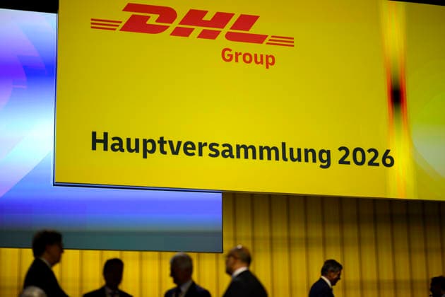 Feature, screen with the DHL logo and the lettering Annual General Meeting Annual General Meeting of Deutsche Post AG, on 05 05 2026 in Bonn Germany @ World Conference Center