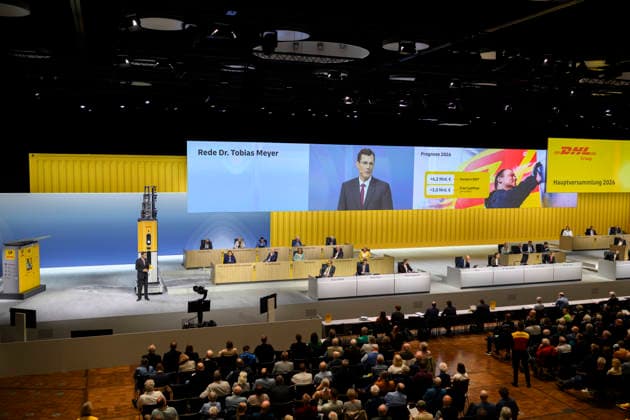 Feature, Overview, Tobias Meyer CEO, Chairman of the Board of Management at his speech Annual General Meeting of Deutsche Post AG, on 05 05 2026 in Bonn Germany @ World Conference Center