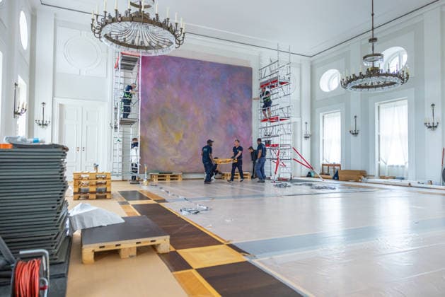 Dismantling of the artwork by artist Gotthard Graubner in the Great Hall of Bellevue Palace Germany, Berlin on 5 May 2026 As part of the fundamental renovation of the official residence of the German Federal President, which cost more than 600 million euros, two large-format color-space