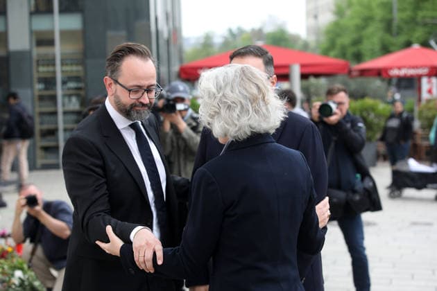 search for traces after amokfart in leipzig Leipzig , 05 05 2036 Saxonys Science Minister Sebastian Gemkow CDU and Rector of Leipzig University Prof Dr Eva InÃ s Obergfell are at the scene of the crime in Saxony Germany one day after Jeffrey K drove amok in Grimmaische Strasse in Leipzig city center. Copyright: xMatthiasxGränzdörferx