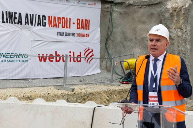 Breakthrough Achieved at Rocchetta Tunnel on Naples Bari Line The breakthrough of the final tunnel face in the Rocchetta Tunnel on the Apice Hirpinia section of the new Naples Bari high-speed and high-capacity line in Apice, Benevento on March, 5 2026. In photo Aldo Isi Chief Executive Officer and General Manager of RFI ABP16597 Copyright: xAntonioxBalascox