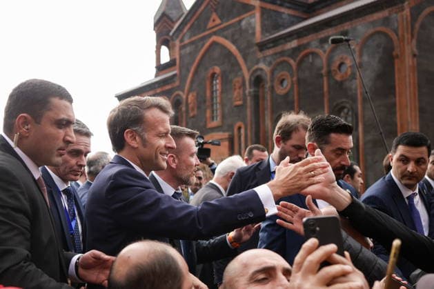 ARMENIA, GYUMRI - MAY 5, 2026: Emmanuel Macron, President of France, emerges ahead of a concert titled Musical Bridge: Armenia - France and held in Vardanants Square to mark friendship between the two countries. Alexander Patrin TASS  92077507