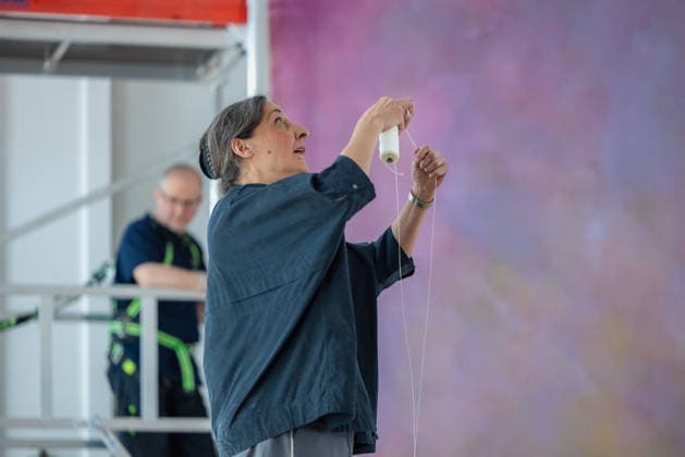 Dismantling of the artwork by artist Gotthard Graubner in the Great Hall of Bellevue Palace Germany, Berlin on 5 May 2026 Restorer Hana Streicher, She leads the dismantling of the painting in the large ballroom As part of the fundame