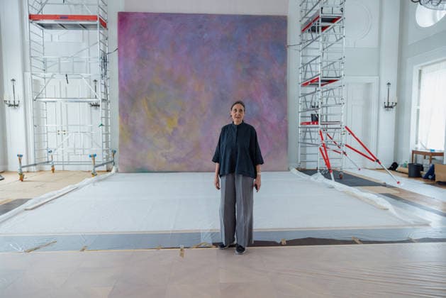 Dismantling of the artwork by artist Gotthard Graubner in the Great Hall of Bellevue Palace Germany, Berlin on 5 May 2026 Restorer Hana Streicher, She leads the dismantling of the painting in the large ballroom As part of the fundame