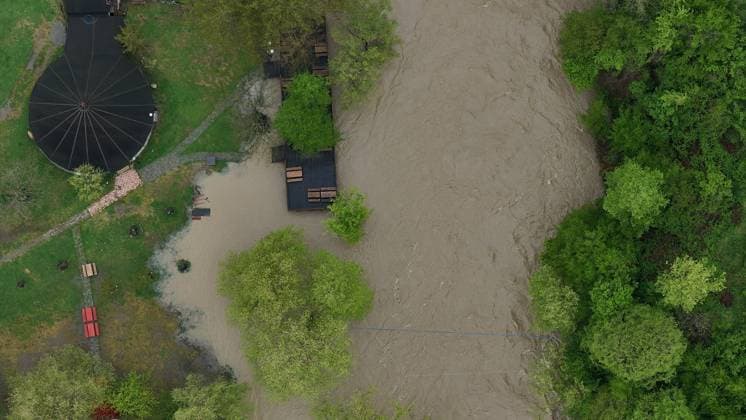 Flooding hits northwestern Turkiye after days of heavy rain DUZCE, TURKIYE - MAY 05: An aerial view shows flooded agricultural land and businesses after heavy rainfall caused the Melen River to overflow in Cumayeri, Duzce, Turkiye, on May 05, 2026. Intermittent downpours lasting four days led to flooding in the Dokuzdegirmen area, affecting farmland and local enterprises. Omer Urer Anadolu Duzce Turkey. Editorial use only. Please get in touch for any other usage.  Copyright: x2026xAnadoluxOmerxUrerx