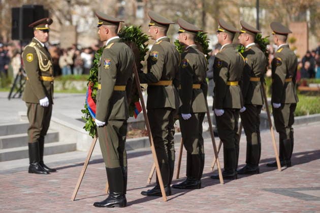 ARMENIA, GYUMRI - MAY 5, 2026: Honour guards line up for a ceremony to lay flowers at the memorial to the 1988 Spitak earthquake titled For the Innocent Victims, For the Merciful Hearts and situated in Vardanants Square. Alexander Patrin TASS  92080335