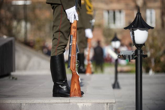 ARMENIA, GYUMRI - MAY 5, 2026: Honour guards attend a ceremony to lay flowers at the memorial to the 1988 Spitak earthquake titled For the Innocent Victims, For the Merciful Hearts and situated in Vardanants Square. Alexander Patrin TASS  92080424