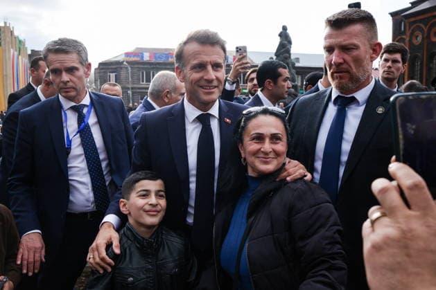 ARMENIA, GYUMRI - MAY 5, 2026: Emmanuel Macron, President of France, arrives for a ceremony to lay flowers at the memorial to the 1988 Spitak earthquake titled For the Innocent Victims, For the Merciful Hearts and situated in Vardanants Square. Alexander Patrin TASS  92080559