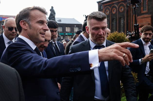 ARMENIA, GYUMRI - MAY 5, 2026: Emmanuel Macron, President of France, arrives for a ceremony to lay flowers at the memorial to the 1988 Spitak earthquake titled For the Innocent Victims, For the Merciful Hearts and situated in Vardanants Square. Alexander Patrin TASS  92080561