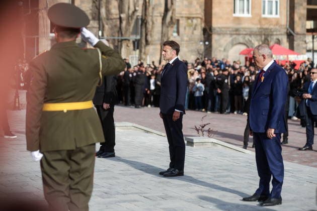 ARMENIA, GYUMRI - MAY 5, 2026: Emmanuel Macron, President of France, and Nikol Pashinyan (L-R middle), Prime Minister of Armenia, attend a ceremony to lay flowers at the memorial to the 1988 Spitak earthquake titled For the Innocent Victims, For the Merciful Hearts and situated in Vardanants Square. Alexander Patrin TASS  92080948