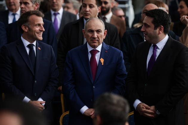 ARMENIA, GYUMRI - MAY 5, 2026: Emmanuel Macron, President of France, Nikol Pashinyan, Prime Minister of Armenia, and National Assembly Speaker Alen Simonyan (L-R) emerge ahead of a concert titled Musical Bridge: Armenia - France and held in Vardanants Square to mark friendship between the two countries. Alexander Patrin TASS  92081352