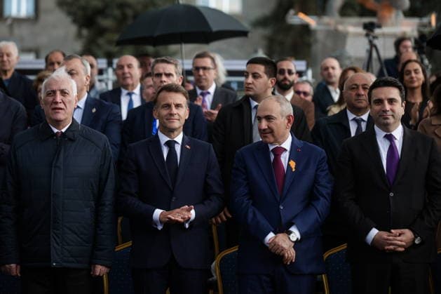 ARMENIA, GYUMRI - MAY 5, 2026: Vahagn Khachaturyan, President of Armenia, his counterpart Emmanuel Macron of France, Prime Minister Nikol Pashinyan, and National Assembly Speaker Alen Simonyan (L-R) emerge ahead of a concert titled Musical Bridge: Armenia - France and held in Vardanants Square to mark friendship between the two countries. Alexander Patrin TASS  92081377