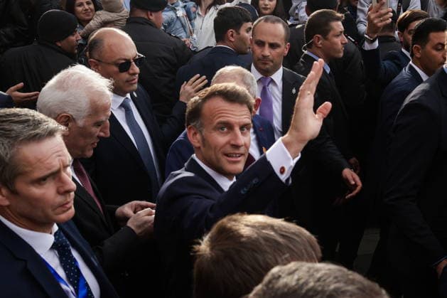 ARMENIA, GYUMRI - MAY 5, 2026: Emmanuel Macron, President of France, arrives for a ceremony to lay flowers at the memorial to the 1988 Spitak earthquake titled For the Innocent Victims, For the Merciful Hearts and situated in Vardanants Square Gyumri Armenia  - ZUMAt113 20260505_zaa_t113_278 Copyright: xAlexanderxPatrinx