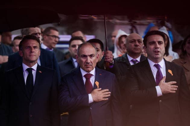 ARMENIA, GYUMRI - MAY 5, 2026: Emmanuel Macron, President of France, Nikol Pashinyan, Prime Minister of Armenia, and National Assembly Speaker Alen Simonyan (L-R) emerge ahead of a concert titled Musical Bridge: Armenia - France and held in Vardanants Square to mark friendship between the two countries Gyumri Armenia  - ZUMAt113 20260505_zaa_t113_317 Copyright: xAlexanderxPatrinx