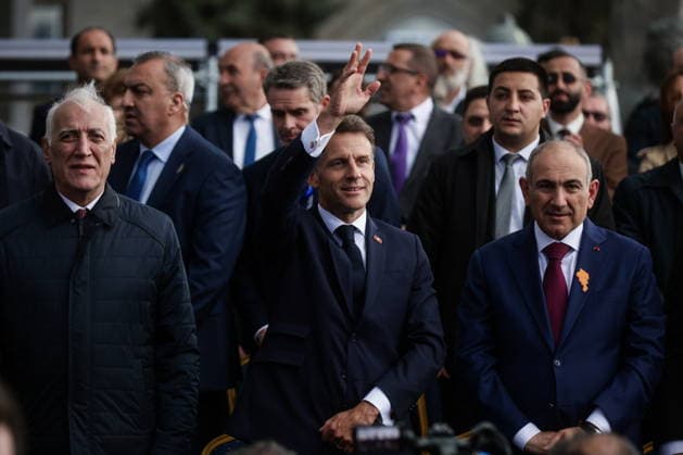 ARMENIA, GYUMRI - MAY 5, 2026: Vahagn Khachaturyan, President of Armenia, his counterpart Emmanuel Macron of France, and Prime Minister Nikol Pashinyan (L-R) emerge ahead of a concert titled Musical Bridge: Armenia - France and held in Vardanants Square to mark friendship between the two countries Gyumri Armenia  - ZUMAt113 20260505_zaa_t113_310 Copyright: xAlexanderxPatrinx