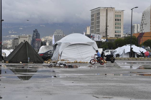 Rainfall worsens conditions for displaced families in Beirut BEIRUT, LEBANON - MAY 05: Displaced families shelter in makeshift tents as rainfall worsens living conditions in Beirut, capital of Lebanon, on May 05, 2026. Families whose homes were destroyed by Israeli attacks continue to face harsh conditions as rain floods temporary shelters and disrupts daily life. Houssam Shbaro Anadolu Beirut Lebanon. Editorial use only. Please get in touch for any other usage.  Copyright: x2026xAnadoluxHoussamxShbarox
