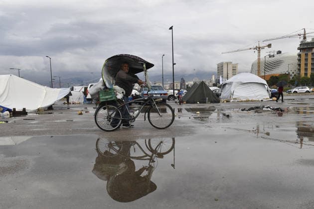 Rainfall worsens conditions for displaced families in Beirut BEIRUT, LEBANON - MAY 05: Displaced families shelter in makeshift tents as rainfall worsens living conditions in Beirut, capital of Lebanon, on May 05, 2026. Families whose homes were destroyed by Israeli attacks continue to face harsh conditions as rain floods temporary shelters and disrupts daily life. Houssam Shbaro Anadolu Beirut Lebanon. Editorial use only. Please get in touch for any other usage.  Copyright: x2026xAnadoluxHoussamxShbarox