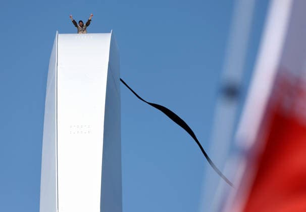 May 5, 2026, Washington, District Of Columbia, USA: Activist Guido Reichstadter stands and waves to other protesters down on the ground as he remains atop the Frederick Douglass Memorial Bridge in Washington DC, USA, on May 05, 2026. Reichstadter climbed onto the bridge on May 1 and has remained there in protest of what he described as the Trump regime s war in Iran and against AI development. Washington USA - ZUMAs337 20260505_znp_s337_009 Copyright: xGentxShkullakux