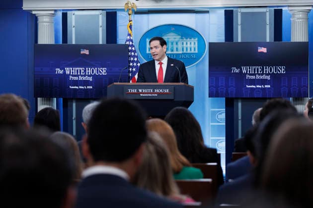 U.S. Secretary of State Marco Rubio speaks during a White House Press Briefing inside the James S. Brady Briefing Room at The White House in Washington, DC on Tuesday, May 5, 2026.  WASP20260505124 TomxBrenner