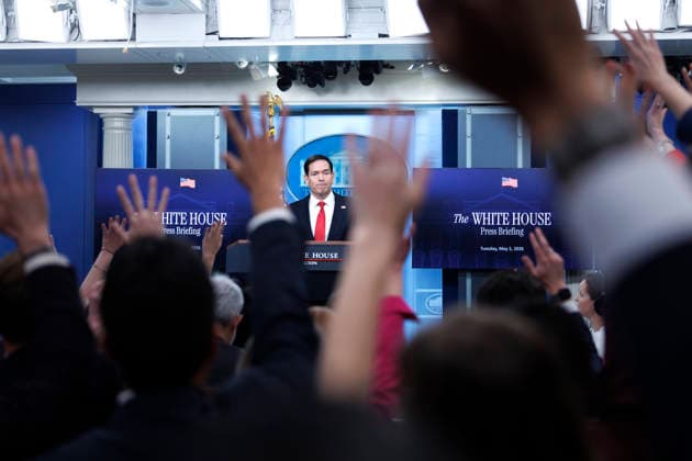 U.S. Secretary of State Marco Rubio takes questions during a White House Press Briefing inside the James S. Brady Briefing Room at The White House in Washington, DC on Tuesday, May 5, 2026.  WASP20260505131 TomxBrenner