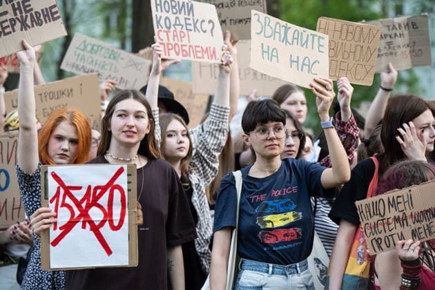Ukrainians protest against the project of the civil code KYIV, UKRAINE - MAY 05: Ukrainians attend a rally holding banners and placards to protest against the project of the civil code (law project no. 15150) in Kyiv, Ukraine on May 05, 2026. Danylo Antoniuk Anadolu Kyiv Ukraine. Editorial use only. Please get in touch for any other usage.  Copyright: x2026xAnadoluxDanyloxAntoniukx