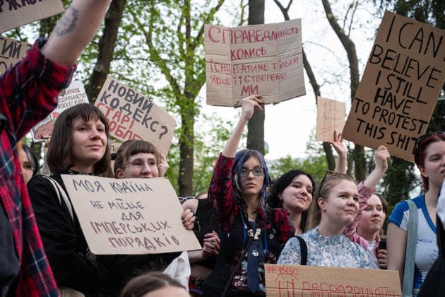 Ukrainians protest against the project of the civil code KYIV, UKRAINE - MAY 05: Ukrainians attend a rally holding banners and placards to protest against the project of the civil code (law project no. 15150) in Kyiv, Ukraine on May 05, 2026. Danylo Antoniuk Anadolu Kyiv Ukraine. Editorial use only. Please get in touch for any other usage.  Copyright: x2026xAnadoluxDanyloxAntoniukx