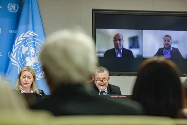 May 5, 2026, New York, New York, USA: JONATHAN PRENTICE, Head of the UN Network on Migration, speaks as ZOE BRENNAN, IOM Spokesperson sits next to him and PABLO ROJAS COPPARI, STUART RUSSELL CAMPO, IOM researchers are on screens behind him during a press briefing at UNHQ on the launch of the World Migration Report during the Second International Migration Review Forum (IMRF). The briefing focused on migration trends, data and international cooperation. New York USA - ZUMAo116 20260505_znp_o116_029 Copyright: xBiancaxOterox