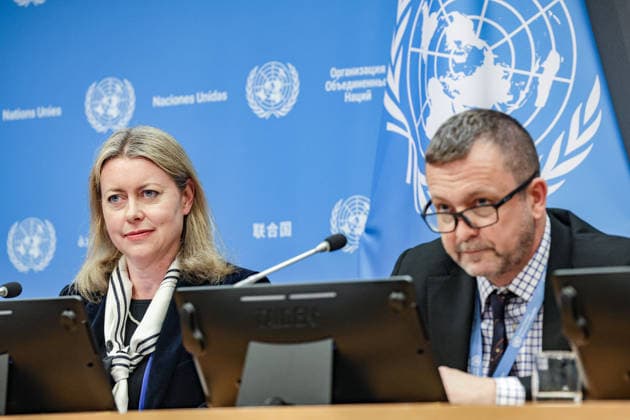 May 5, 2026, New York, New York, USA: JONATHAN PRENTICE, Head of the UN Network on Migration, speaks as ZOE BRENNAN, IOM Spokesperson sits next to him during a press briefing at UNHQ on the launch of the World Migration Report during the Second International Migration Review Forum (IMRF). The briefing focused on migration trends, data and international cooperation, with representatives from the International Organization for Migration (IOM) and the UN Network on Migration discussing the report and its relevance to IMRF discussions. New York USA - ZUMAo116 20260505_znp_o116_018 Copyright: xBiancaxOterox