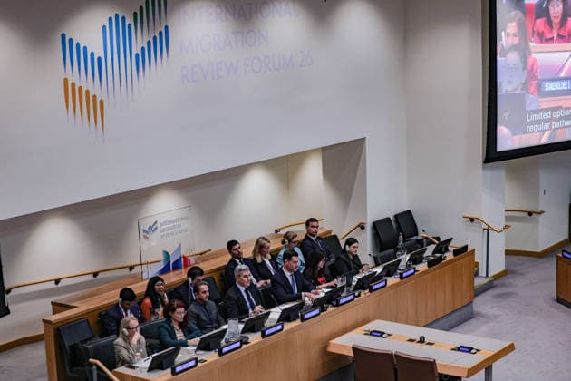 May 5, 2026, New York, New York, USA: Delegates sit below signage for the International Migration Review Forum during the second day of the Second International Migration Review Forum (IMRF) at UNHQ. New York USA - ZUMAo116 20260505_znp_o116_052 Copyright: xBiancaxOterox