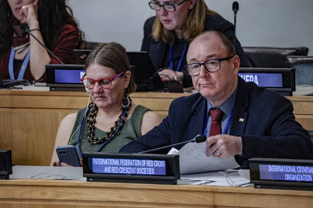 May 5, 2026, New York, New York, USA: Representatives of the International Federation of Red Cross and Red Crescent Societies attend the second day of the Second International Migration Review Forum (IMRF) at UNHQ. IFRCÃ¢â‚¬â ¢s work focuses on humanitarian protection, access to services and support for migrants and communities affected by displacement and unsafe migration routes. New York USA - ZUMAo116 20260505_znp_o116_047 Copyright: xBiancaxOterox