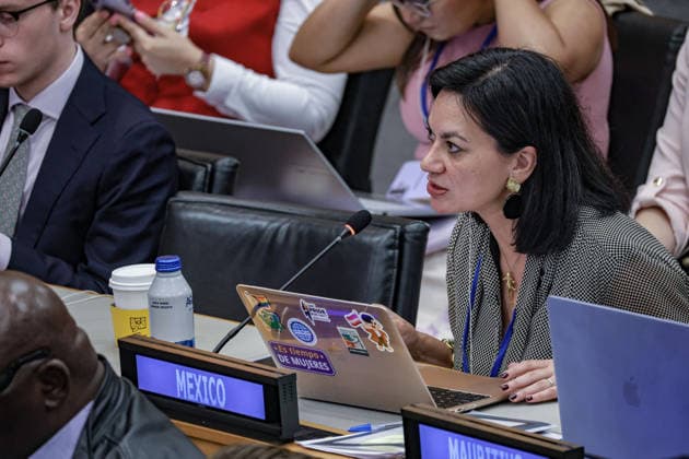 May 5, 2026, New York, New York, USA: A representative of Mexico speaks during the second day of the Second International Migration Review Forum (IMRF) at UNHQ. Mexico addressed the challenges of transit migration, migrant protection, regular pathways and shared responsibility in managing migration across countries of origin, transit, destination and return. New York USA - ZUMAo116 20260505_znp_o116_046 Copyright: xBiancaxOterox